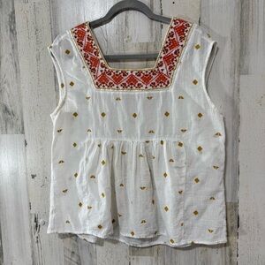 Lucky Brand White Blouse with Red and Gold Embroidery